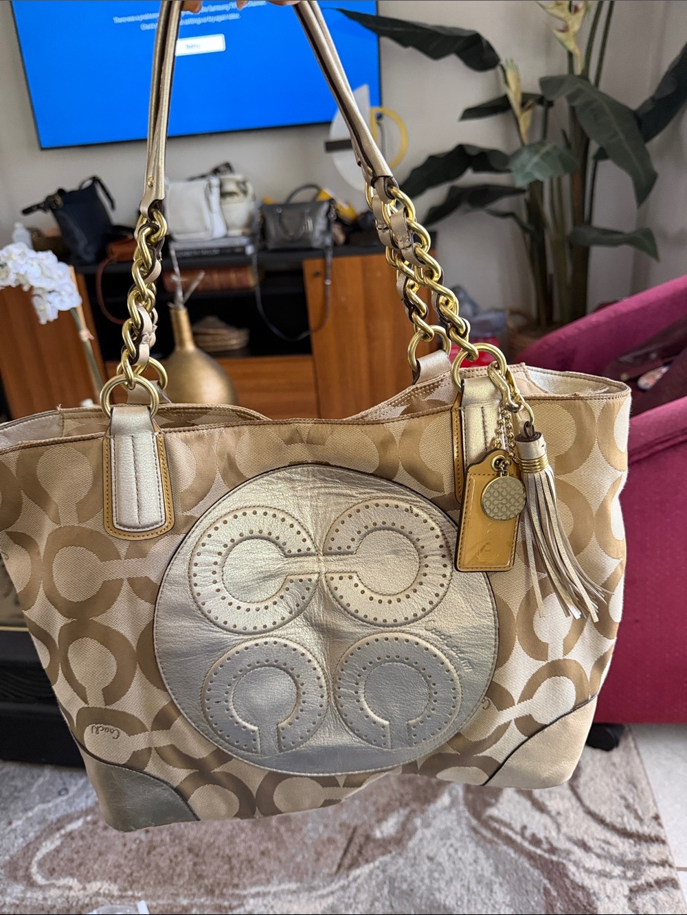 Coach Beige and Gold Signature Circle Tote with Chain Handles
